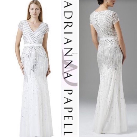Adrianna Papell beaded cap sleeve v neck long gown - Picture 4 of 11